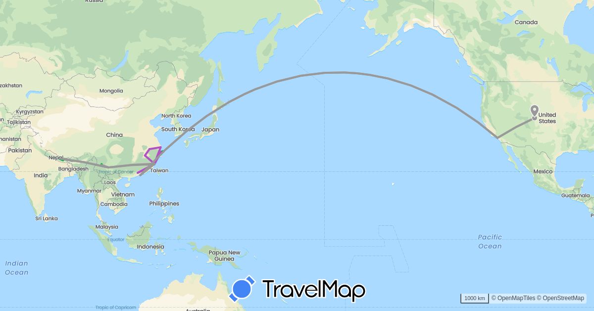 TravelMap itinerary: driving, bus, plane, train in China, Nepal, United States (Asia, North America)
